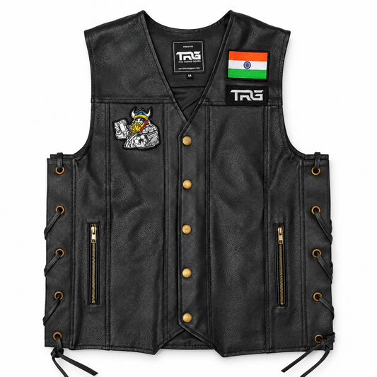 Drinker Biker Patch displayed on black leather motorcycle riding vest on white background