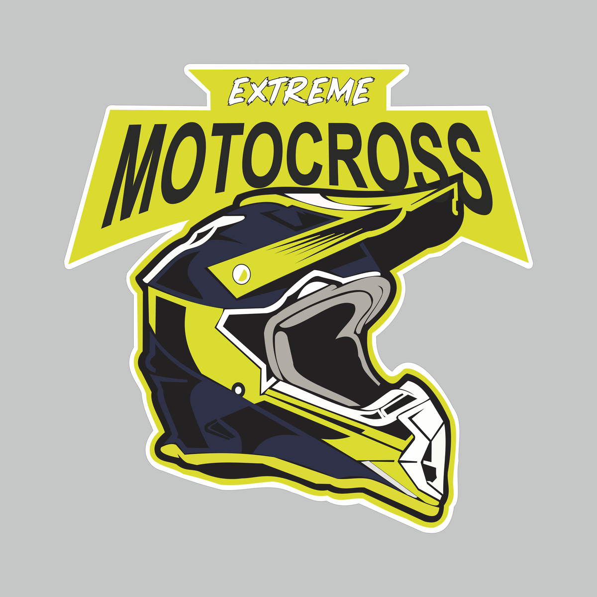 Extreme Motocross motorcycle sticker artwork with yellow black off-road helmet graphic and white die-cut border