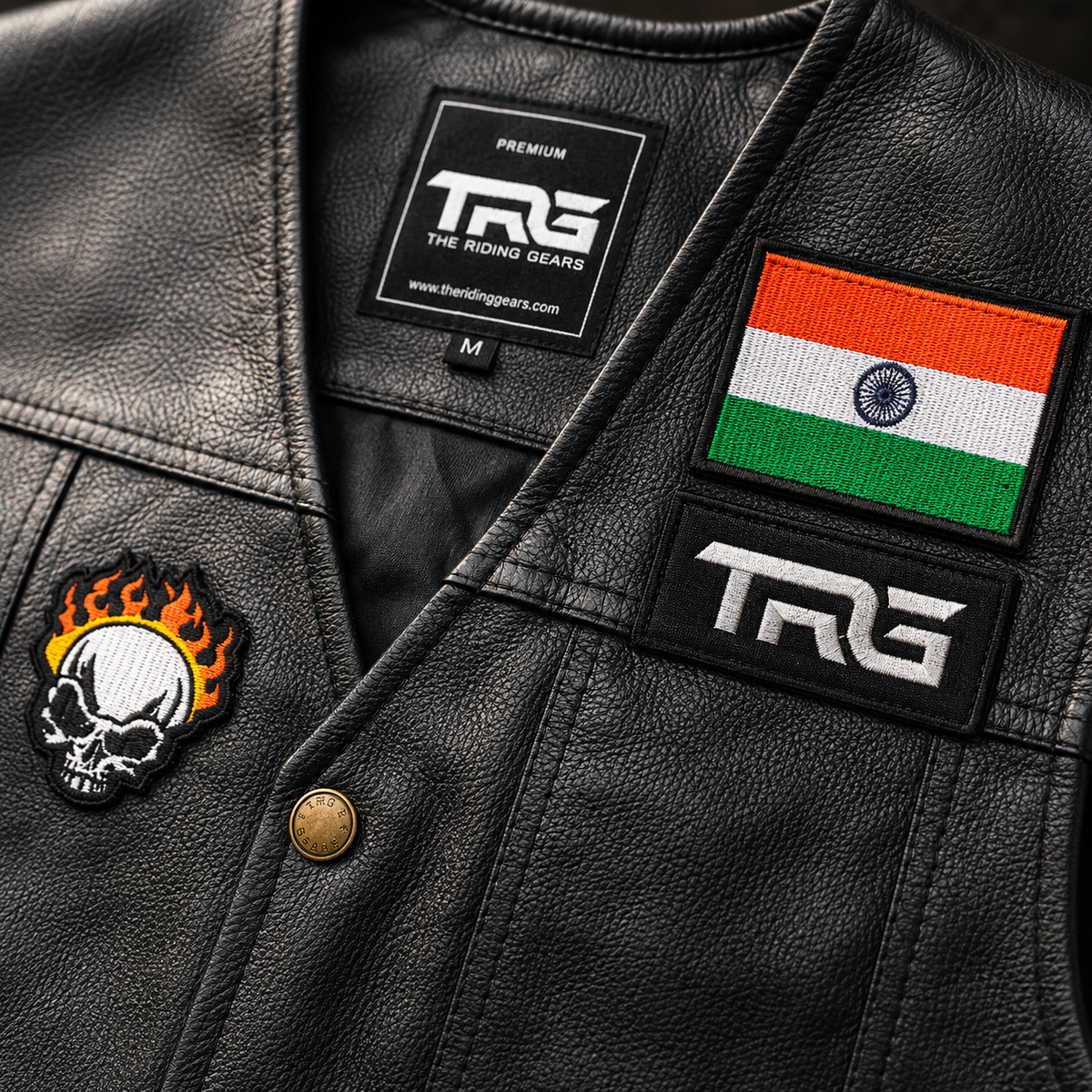 Flaming Skull Biker Patch close-up showing detailed skull and flame embroidery on black leather vest