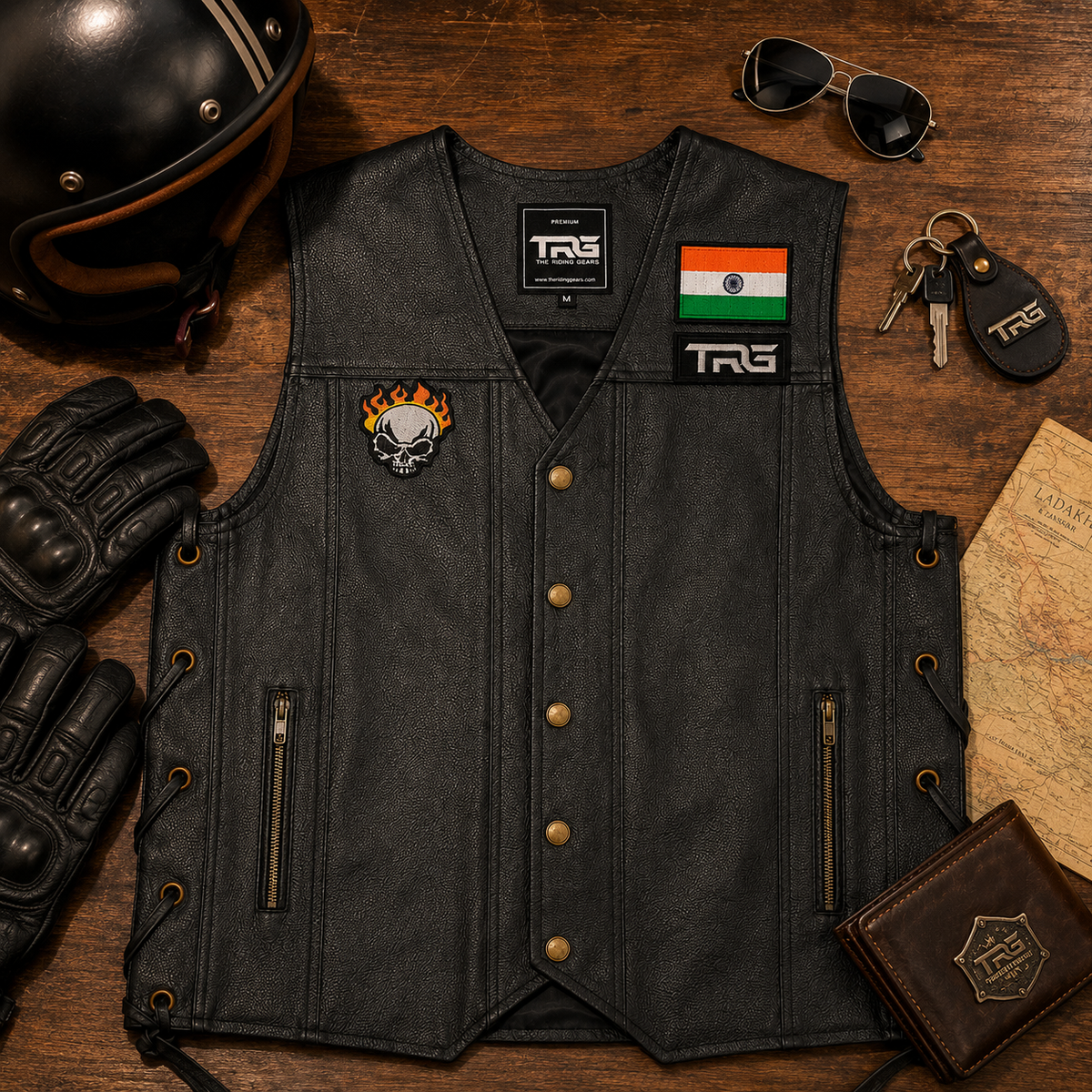 Flaming Skull Biker Patch displayed on black biker vest with motorcycle riding accessories