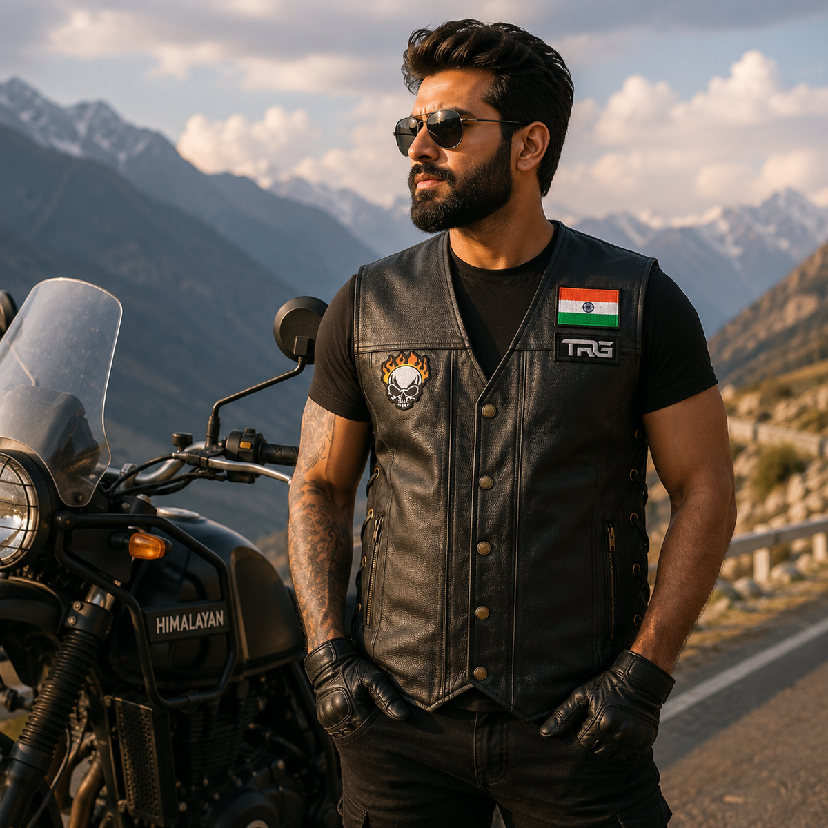 Flaming Skull Biker Patch worn by motorcycle rider on black leather vest beside motorcycle