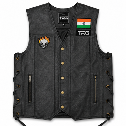 Flaming Skull Biker Patch displayed on black motorcycle riding vest on white background