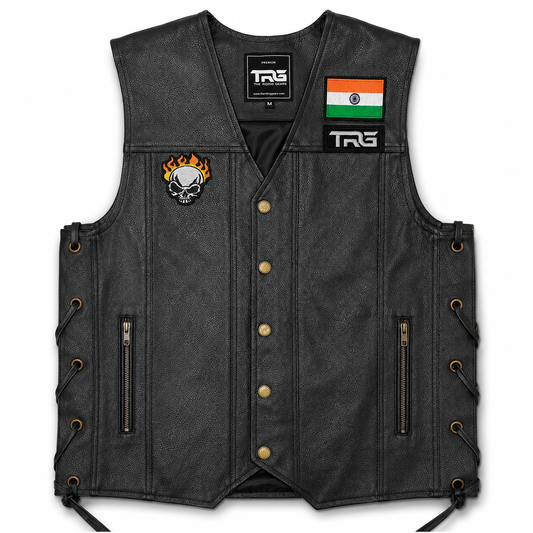 Flaming Skull Biker Patch displayed on black motorcycle riding vest on white background
