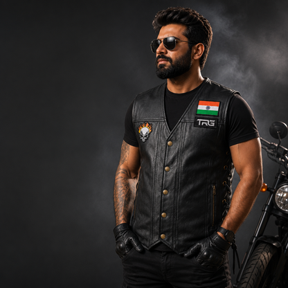 Flaming Skull Biker Patch worn on black motorcycle vest by biker in studio setting