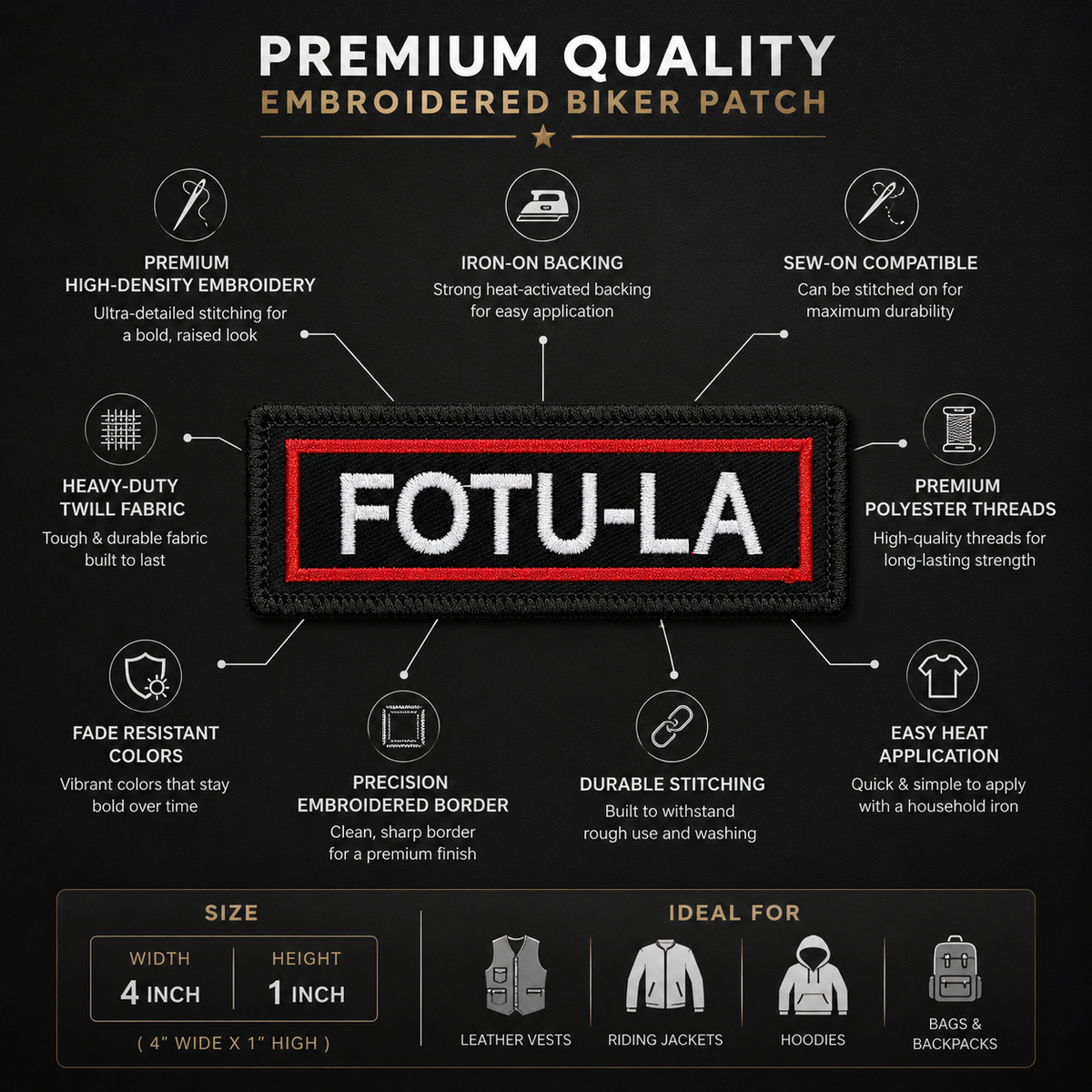 FOTU-LA embroidery patch features infographic showing 4 x 1 inch size, iron-on backing, sew-on compatibility, twill fabric and durable stitching.