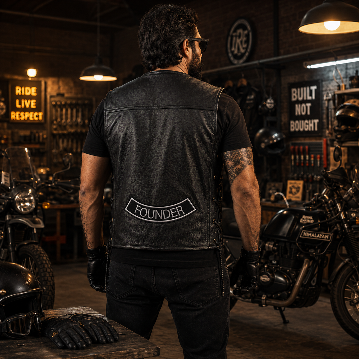 Embroidery Patches Founder curved biker patch featured on the back of a black leather vest in a premium biker garage setup.