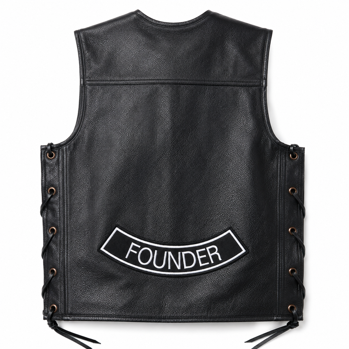 Embroidery Patches Founder curved biker patch embroidered on the back of a black leather vest shown in flat lay on a white background.