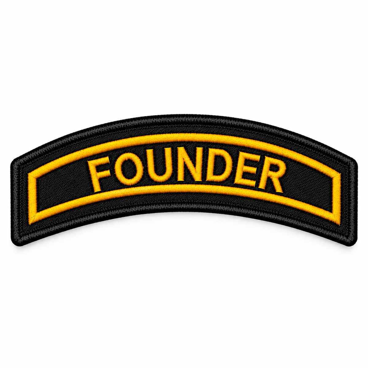 Curved Founder Biker Patch with golden yellow embroidery, black fabric and premium embroidered border.