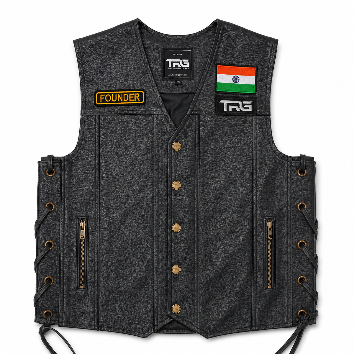 Founder Biker Patch displayed on a premium black leather motorcycle vest with Indian flag and TRG patches.
