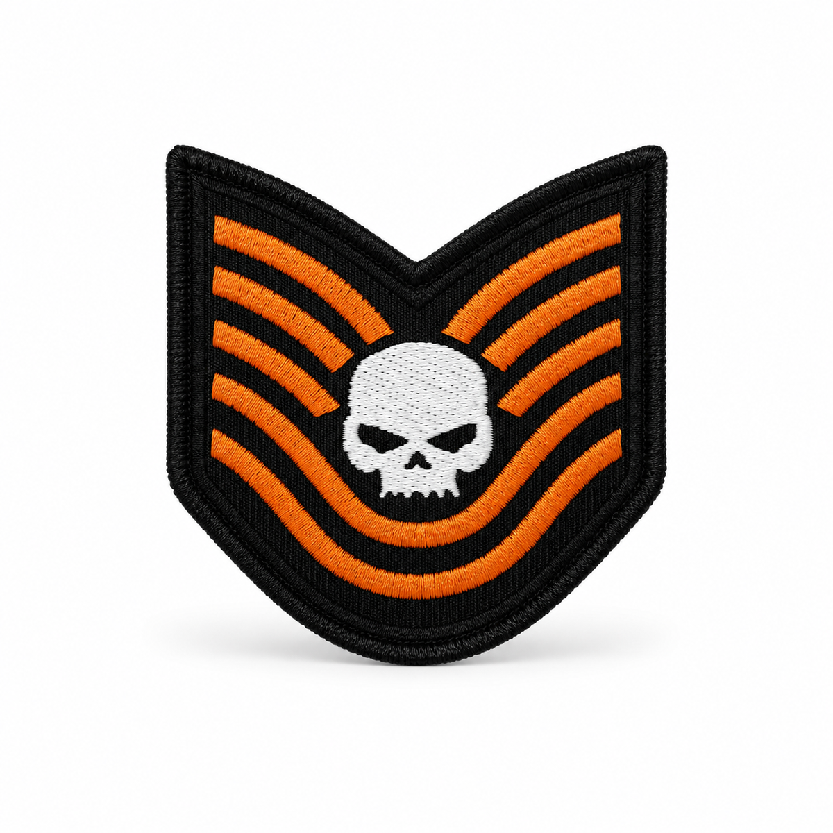 Ghost Skull Biker Patch with orange stripes and white skull embroidered design on white background