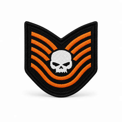 Ghost Skull Biker Patch with orange stripes and white skull embroidered design on white background