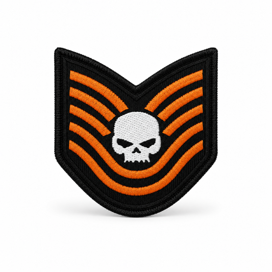 Ghost Skull Biker Patch with orange stripes and white skull embroidered design on white background
