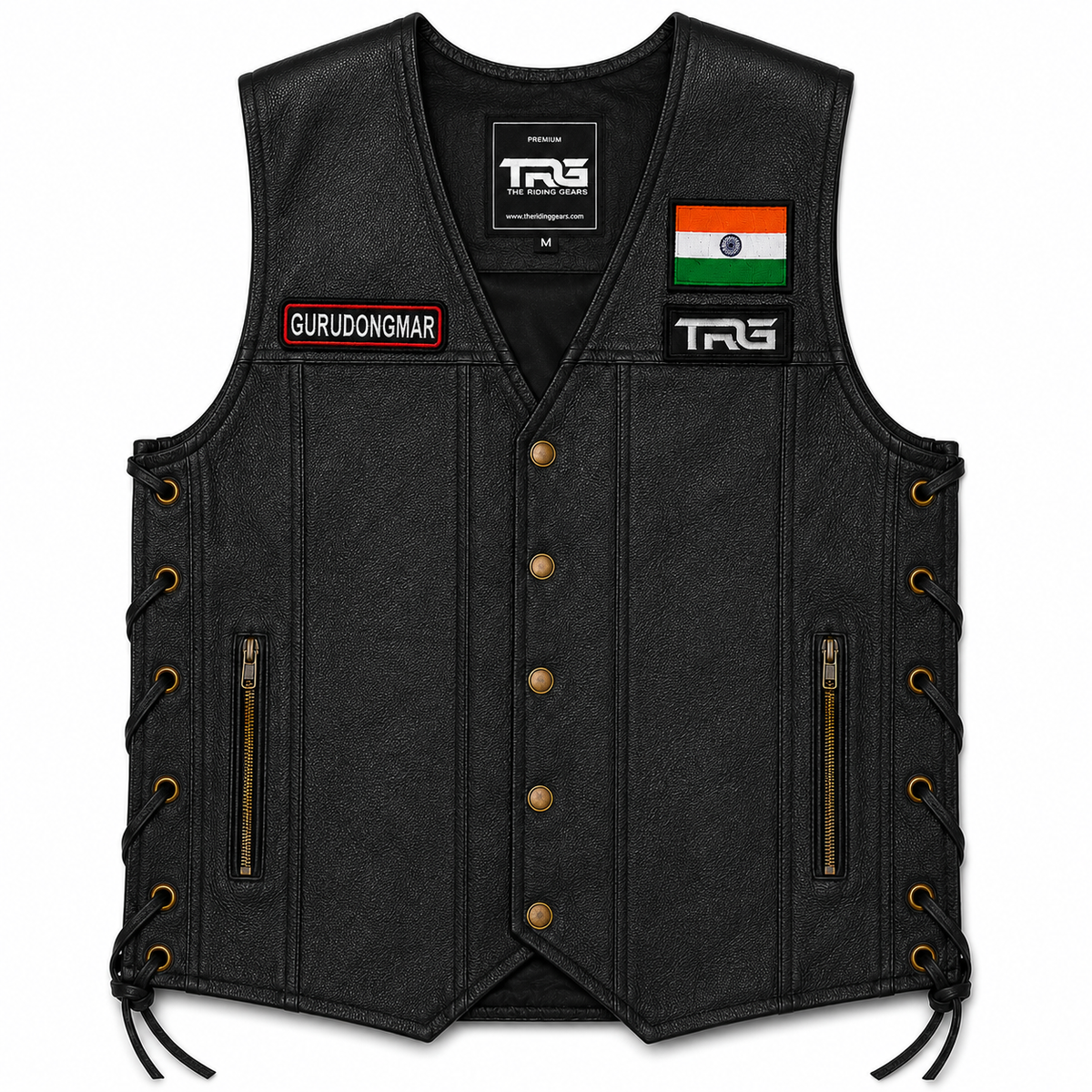 Gurudongmar biker patch displayed on black leather riding vest with TRG branding on white background.