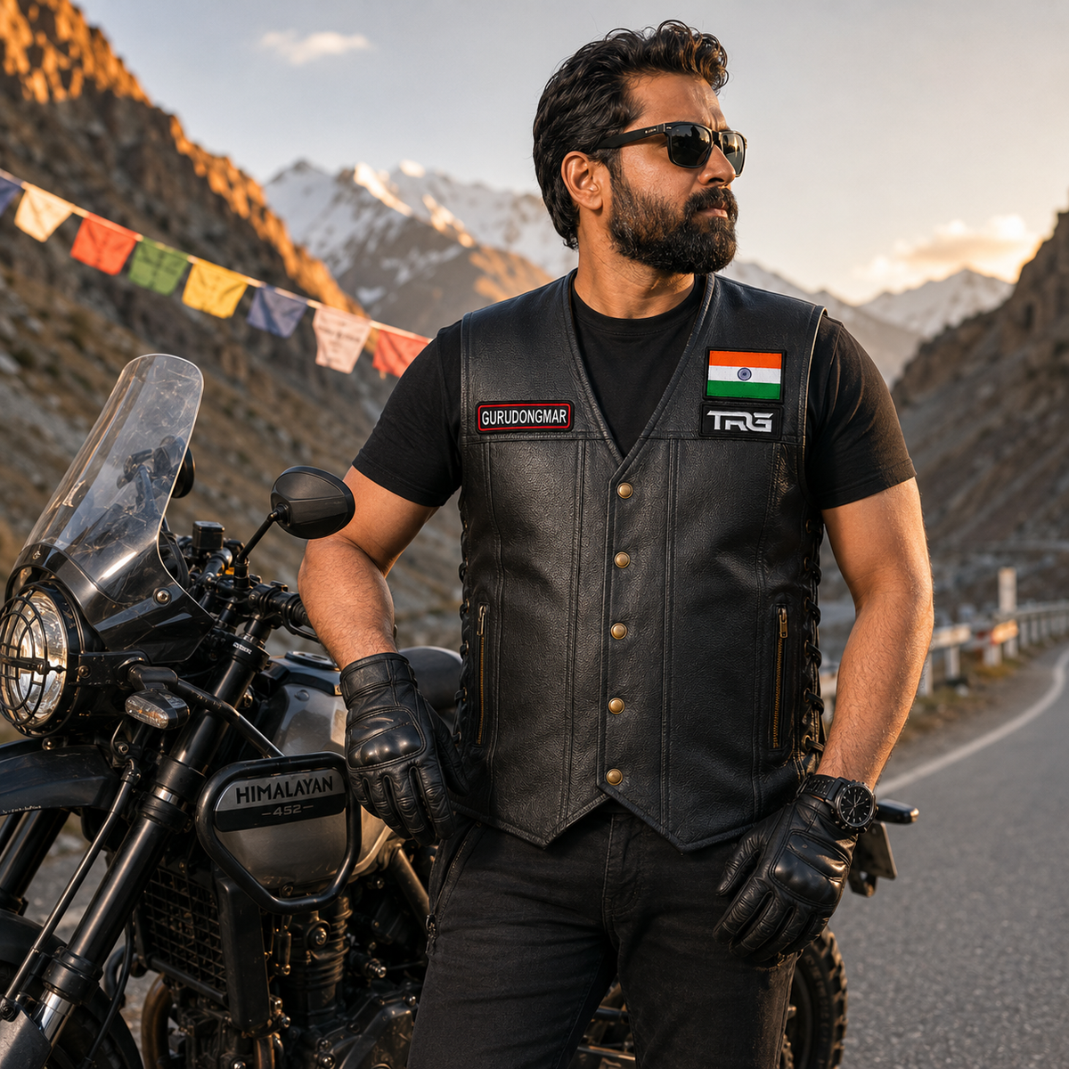 Rider wearing black leather vest with Gurudongmar biker patch in an outdoor motorcycle lifestyle setting.
