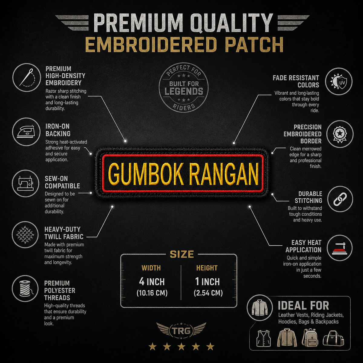 Gurudongmar embroidered patch infographic highlighting premium embroidery features, iron-on backing, durable stitching, and size 4 inch x 1 inch.