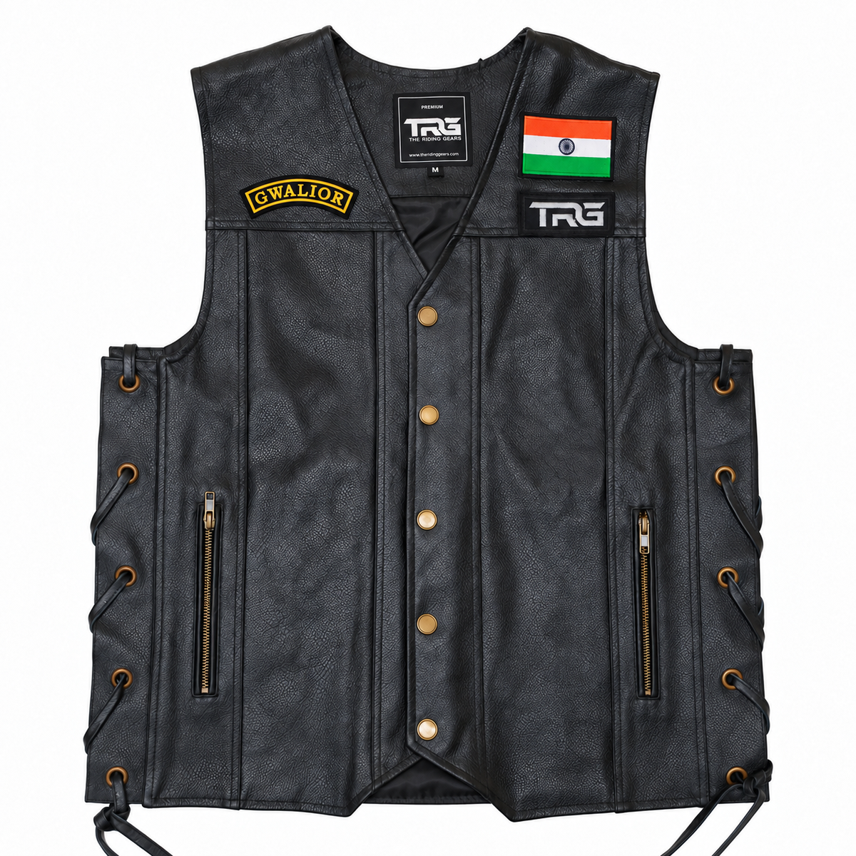Black leather riding vest featuring Gwalior embroidered chest patch, Indian flag and TRG logo.