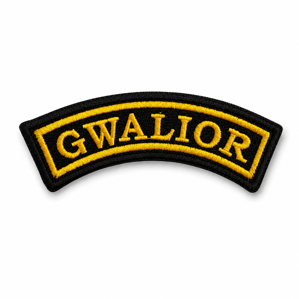 Gwalior curved embroidered front patch with golden yellow lettering, yellow inner border and black background.