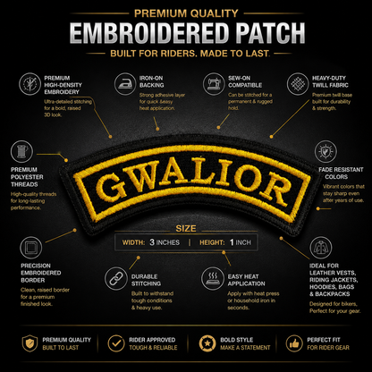 Gwalior embroidered front patch infographic showing yellow lettering, black fabric and embroidery details.