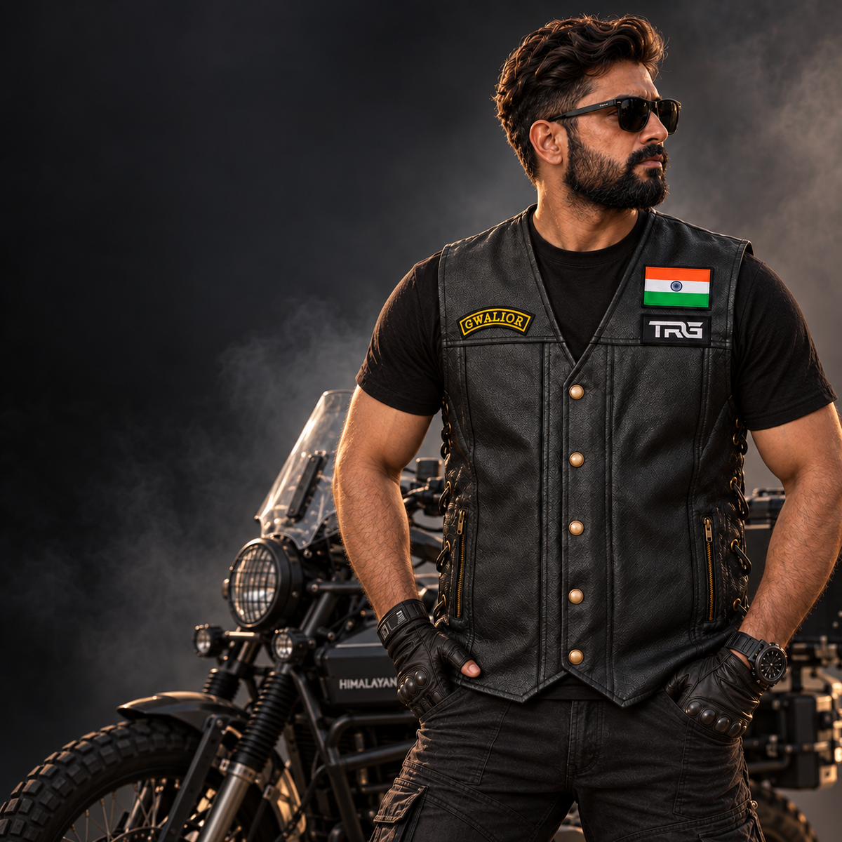 Motorcycle rider wearing a black leather vest with Gwalior yellow embroidered front patch in a studio.