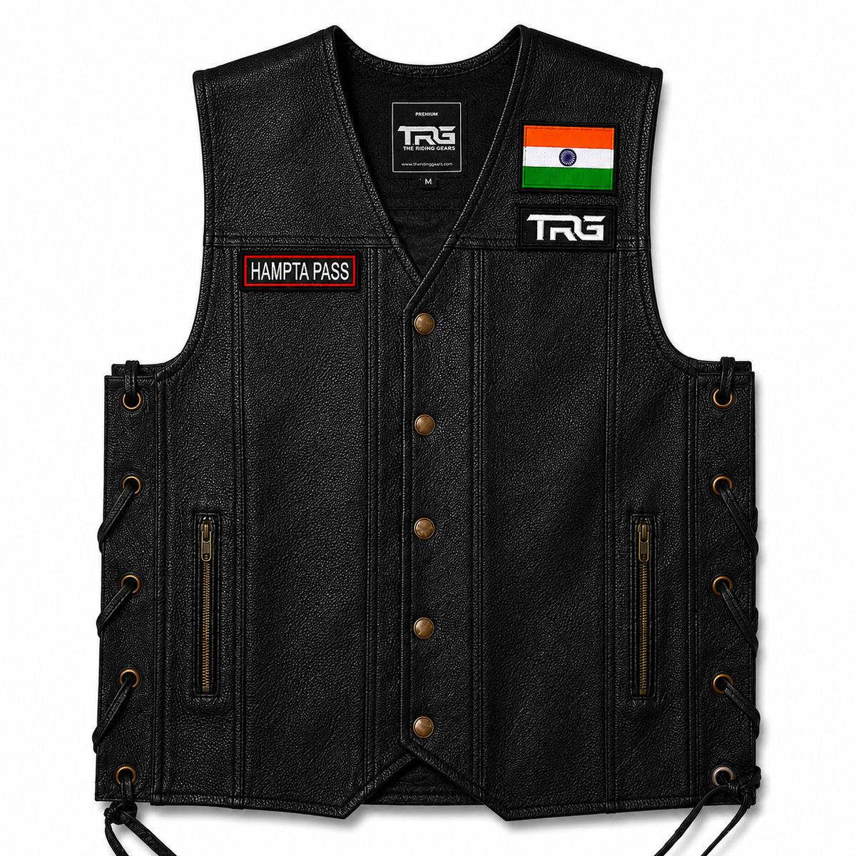 Black leather riding vest with Hampta Pass embroidered patch displayed on white background.