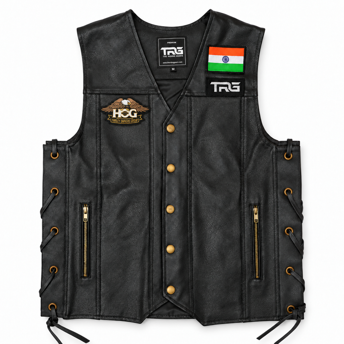 Harley Owners Group Biker Patch displayed on black motorcycle riding vest on white background