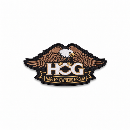 Harley Owners Group Biker Patch with eagle design and embroidered HOG lettering on white background