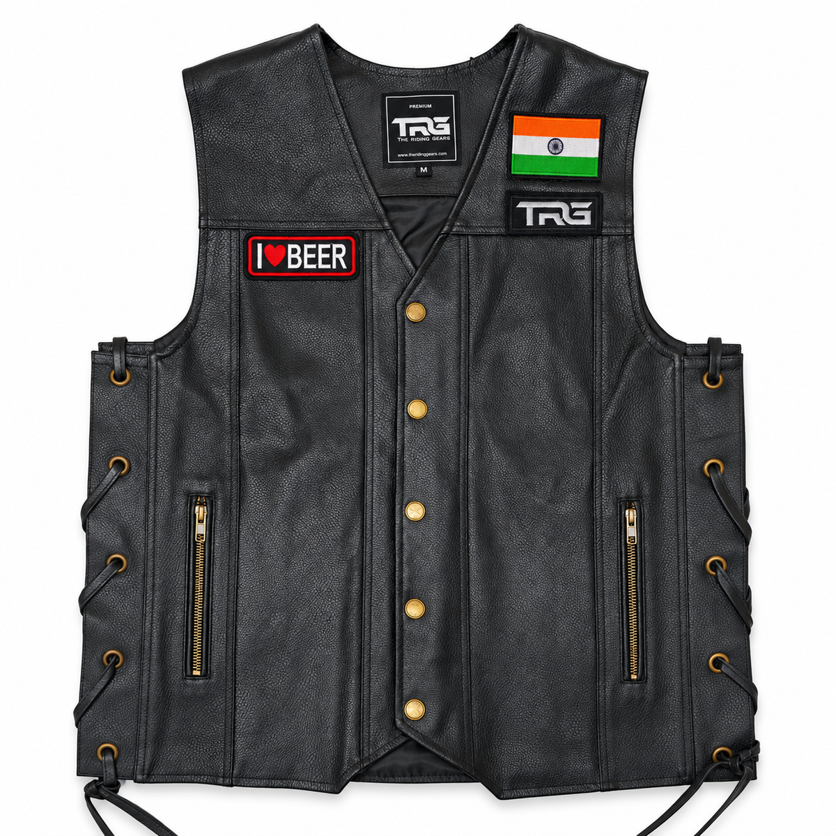 I Love Beer embroidered patch displayed on black leather motorcycle riding vest with Indian flag and TRG patches.