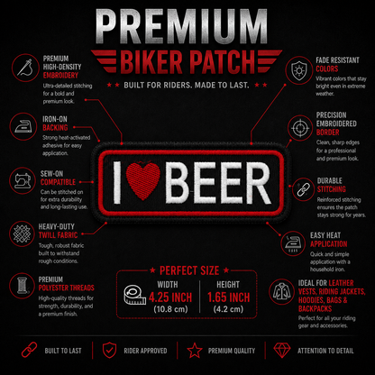 I Love Beer embroidered patch features and size infographic showing 4.25 x 1.65 inches.