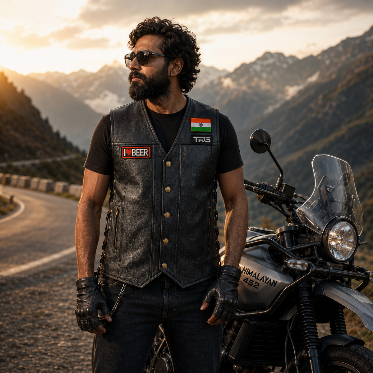 I Love Beer embroidered motorcycle patch worn on black leather riding vest by biker on mountain road.