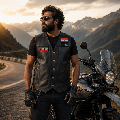I Love Beer embroidered motorcycle patch worn on black leather riding vest by biker on mountain road.
