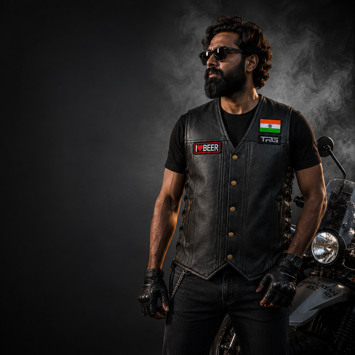 I Love Beer embroidered patch worn on black motorcycle vest by biker in premium dark studio setting.