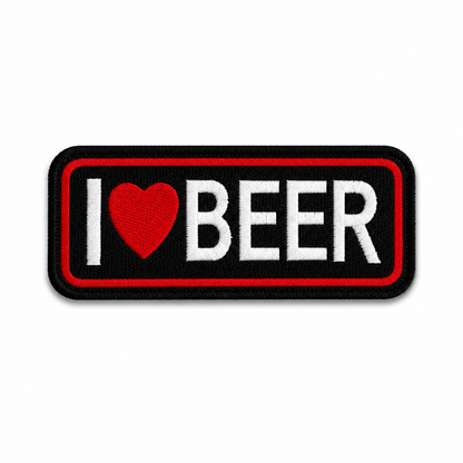 I Love Beer black red and white embroidered motorcycle patch on clean white background.
