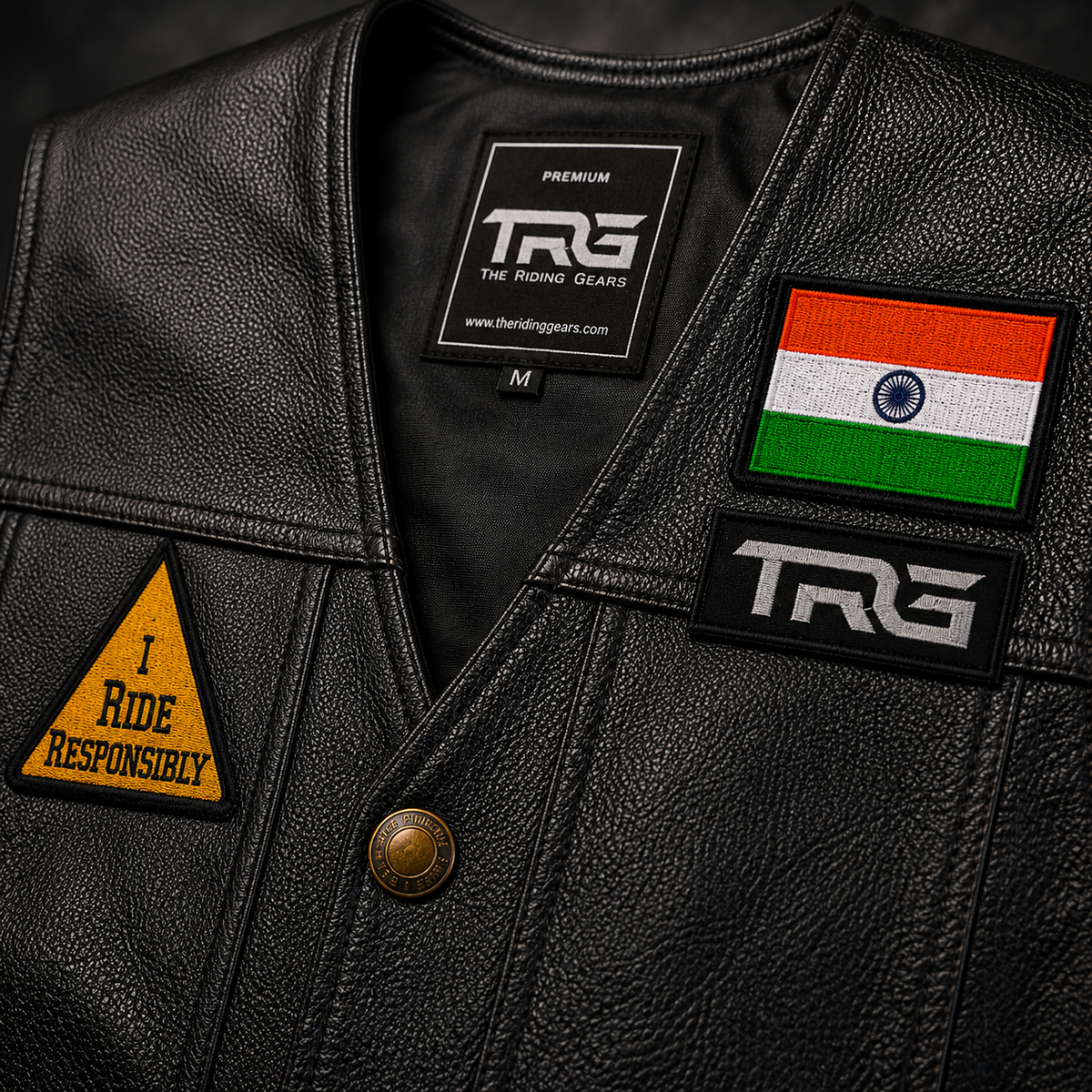 I Ride Responsibly Biker Patch close-up showing yellow embroidery and black stitched border on leather vest