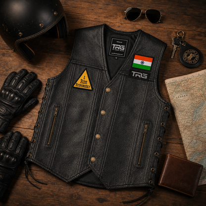 I Ride Responsibly Biker Patch displayed on black biker vest with motorcycle riding accessories