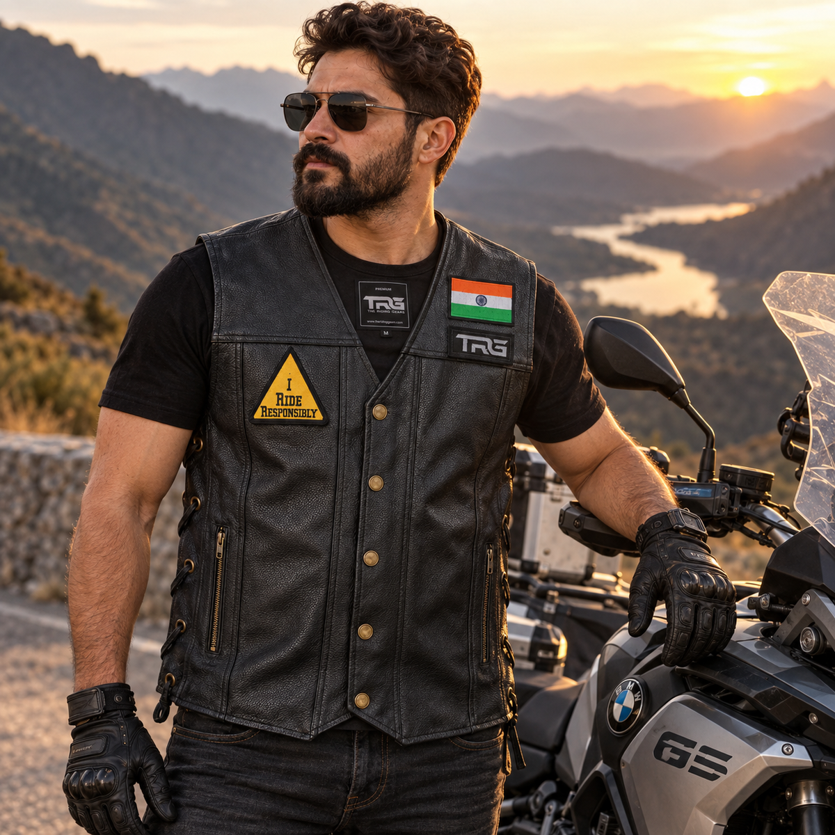 I Ride Responsibly Biker Patch worn on black leather motorcycle vest by rider beside adventure bike