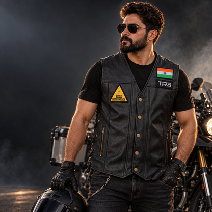 I Ride Responsibly Biker Patch displayed on black leather biker vest by motorcycle rider