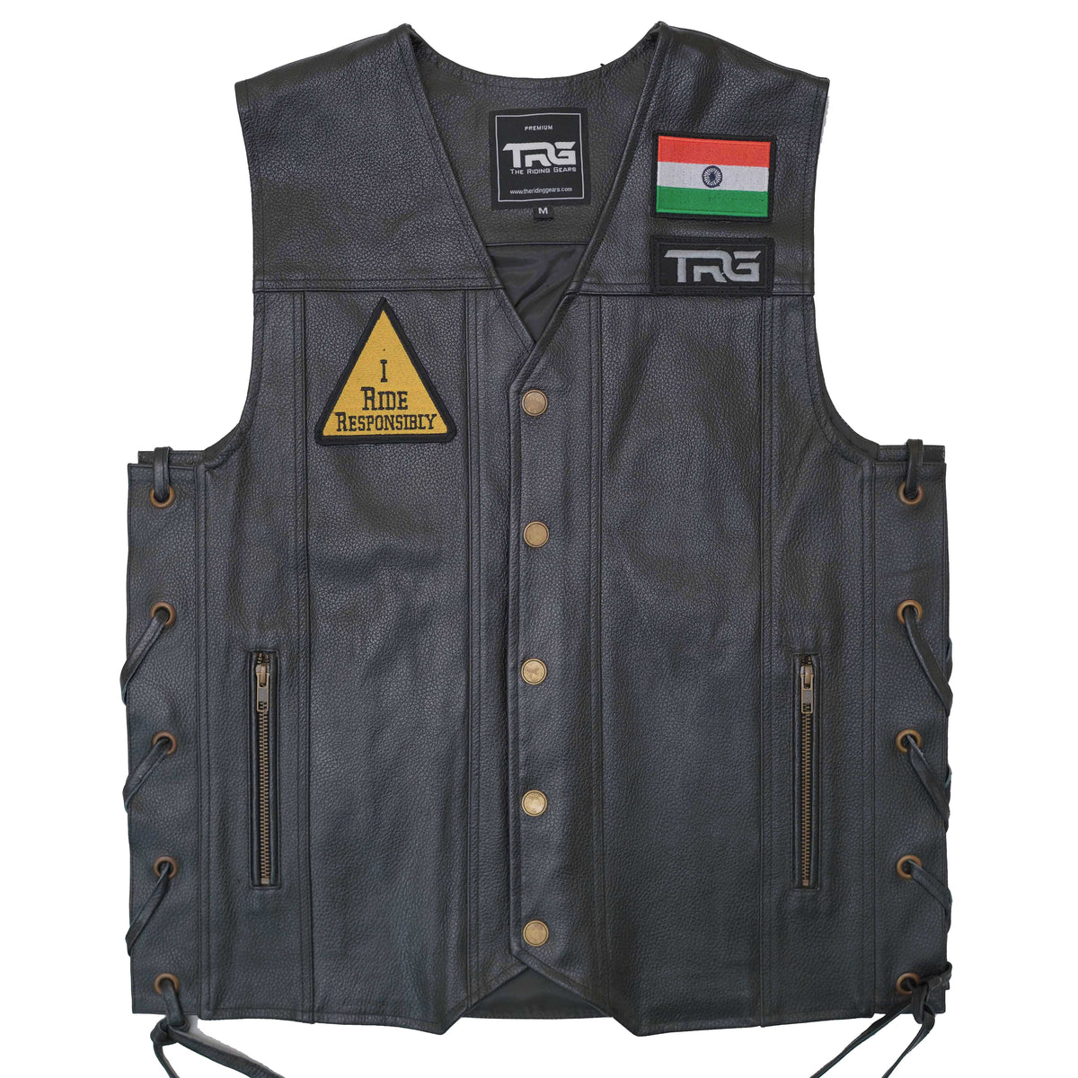 I Ride Responsibly Biker Patch displayed on black motorcycle riding vest on white background