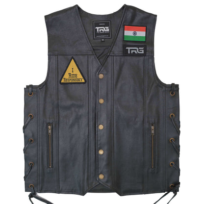I Ride Responsibly Biker Patch displayed on black motorcycle riding vest on white background
