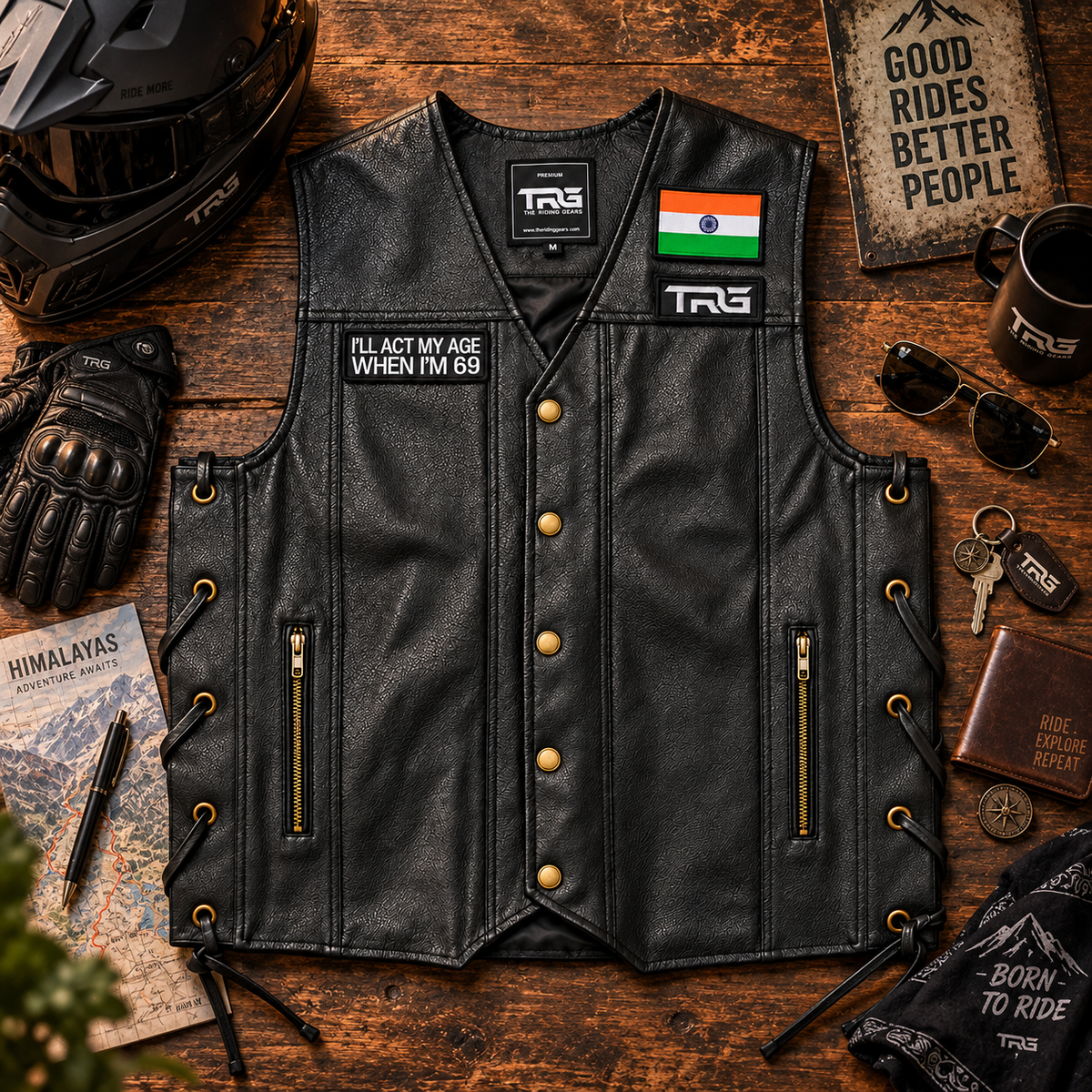 Biker Patch I'll Act My Age When I'm 69 displayed on black motorcycle vest with riding accessories