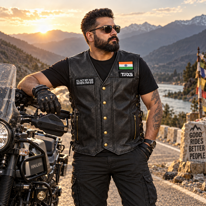 Biker Patch I'll Act My Age When I'm 69 worn by motorcycle rider beside adventure bike