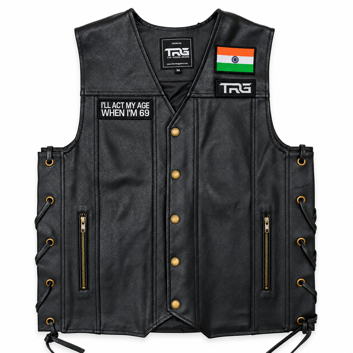 Biker Patch I'll Act My Age When I'm 69 displayed on black motorcycle riding vest on white background