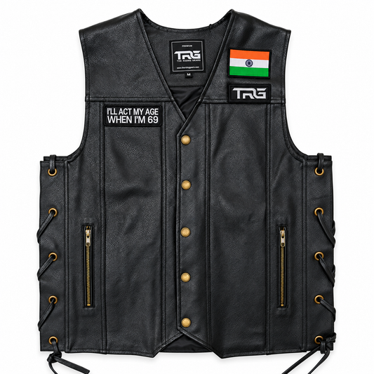 Biker Patch I'll Act My Age When I'm 69 displayed on black motorcycle riding vest on white background