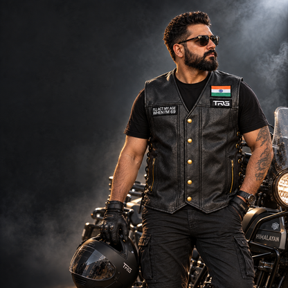 Biker Patch I'll Act My Age When I'm 69 worn on black leather motorcycle vest by biker