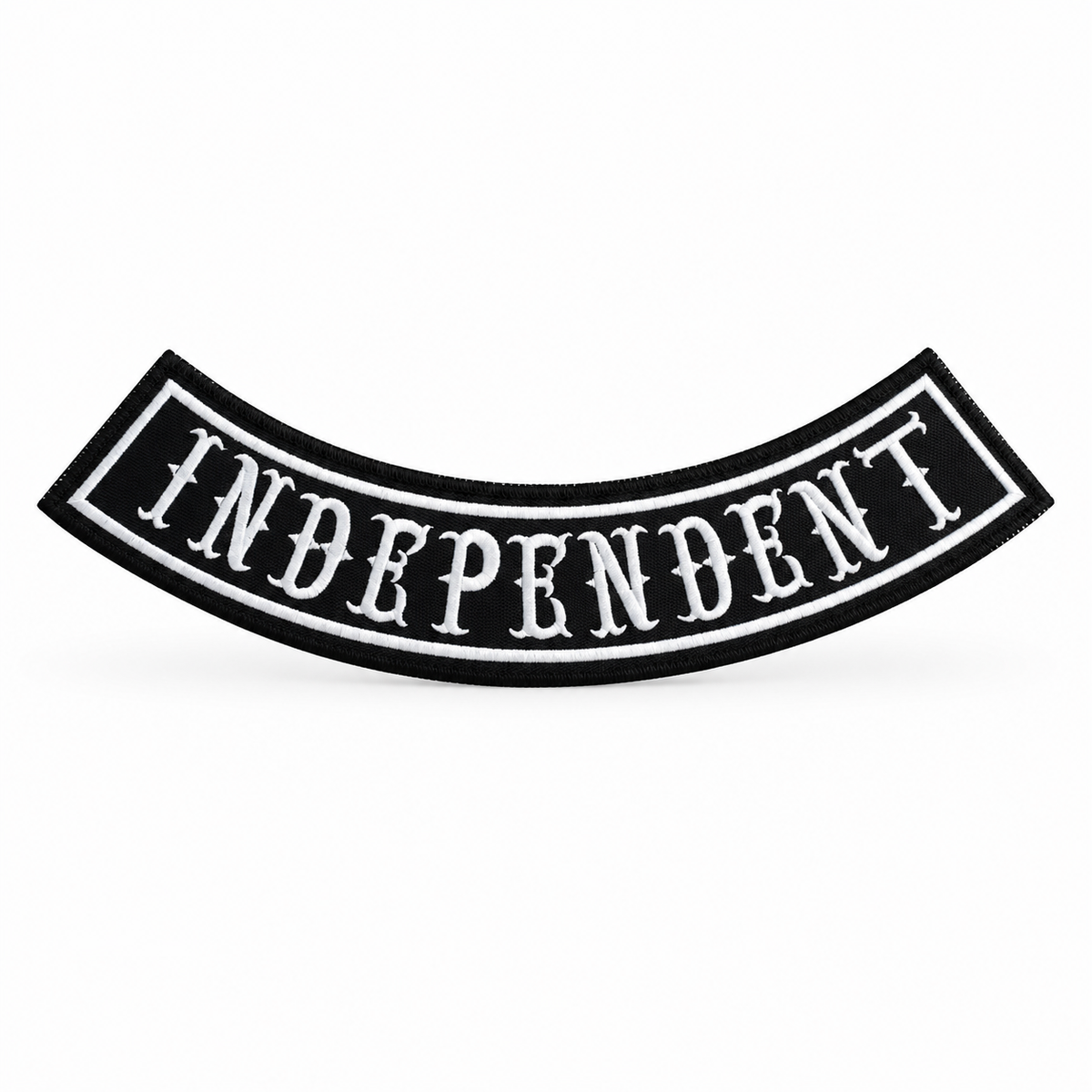 Independent black and white bottom curved embroidered biker patch by TRG Gears