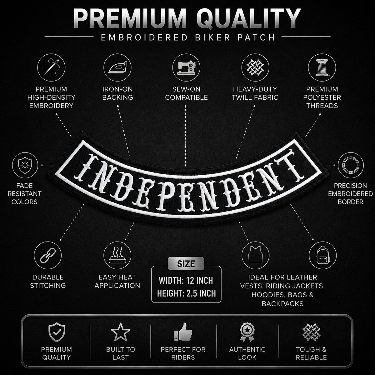 Independent bottom curved embroidered biker patch features and size infographic 12 x 2.5 inch by TRG Gears