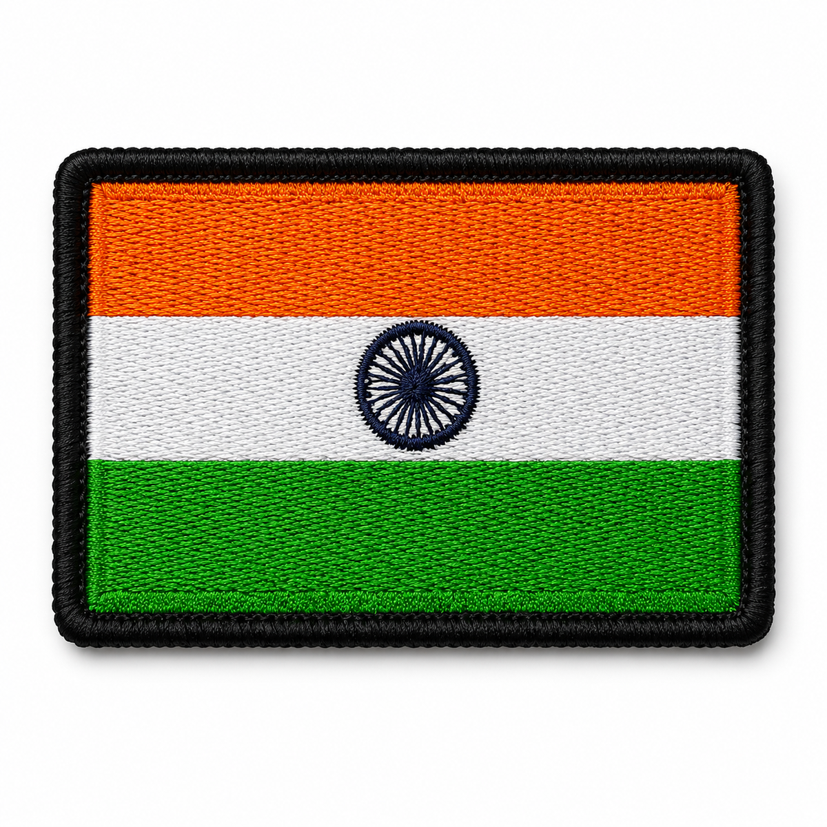 Close-up of Indian Flag embroidery patch with saffron white and green stitching, Ashoka Chakra and black embroidered border