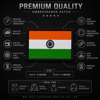 Indian Flag embroidery patch features and size infographic showing high-density embroidery, durable stitching, iron-on backing and 3 x 2 inch size
