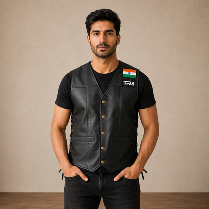 Indian Flag embroidery patch displayed on the front chest of a black leather riding vest