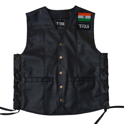 Indian Flag embroidery patch displayed on the upper chest of a black leather riding vest with TRG logo