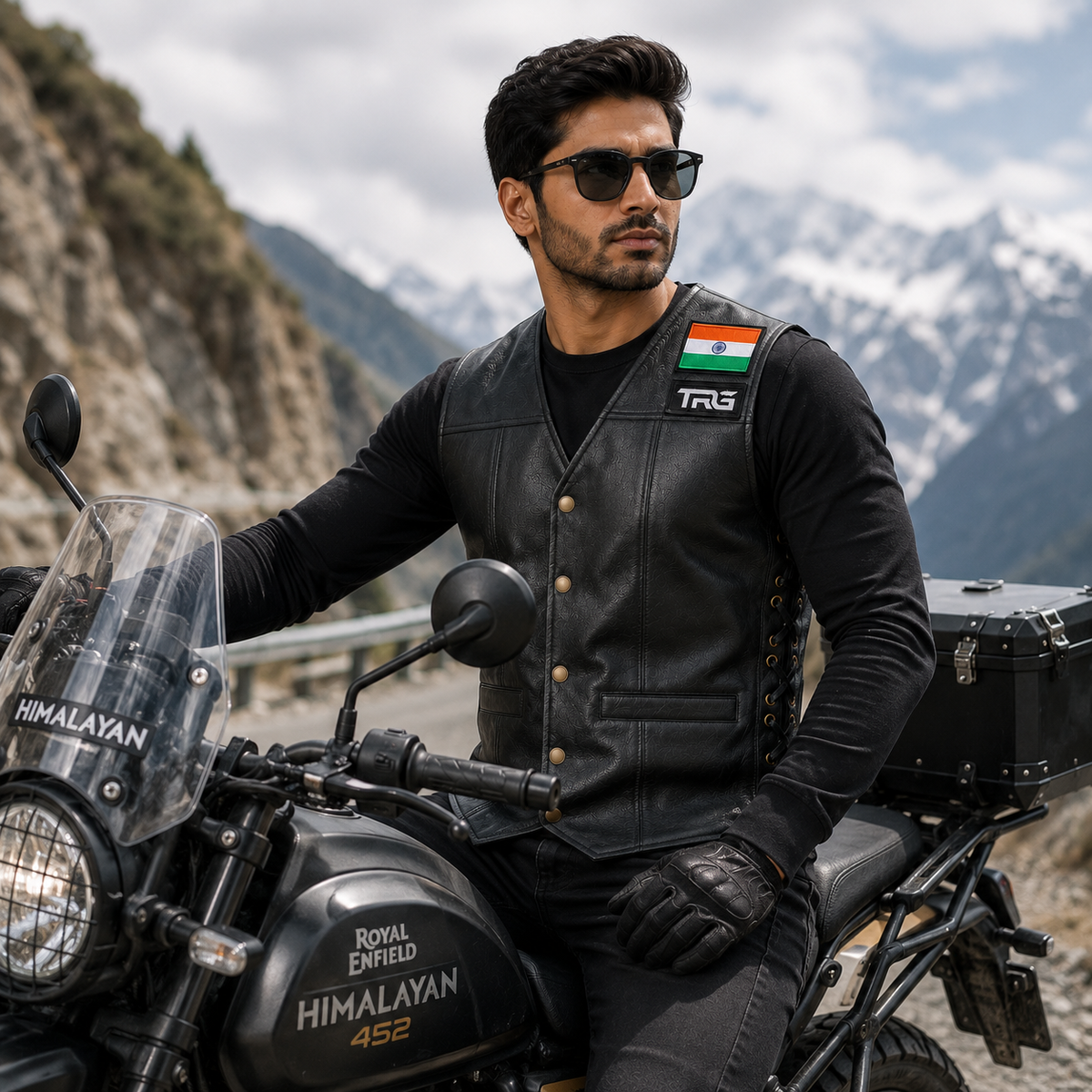 Indian Flag embroidery patch on a black leather riding vest worn with motorcycle riding gear in the mountains